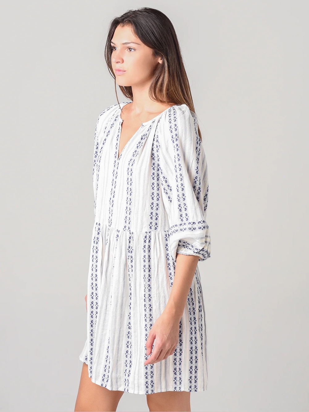Velvet by Graham & Spencer White Mini Dress with Blue Stripe Print
